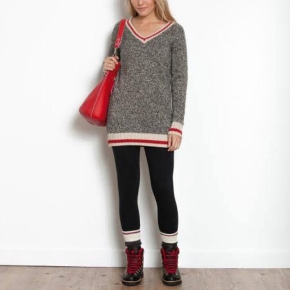 Roots Canada Cotton Cabin V Neck Knit Sweater Cozy Chucky Neutral Gray Red Tan S